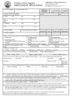 Fillable Online Dpw Lacounty Employment Application Los Angeles