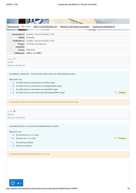 Cuestionario Del M Dulo Iv Revisi N Del Intento Comenzado El Tuesday