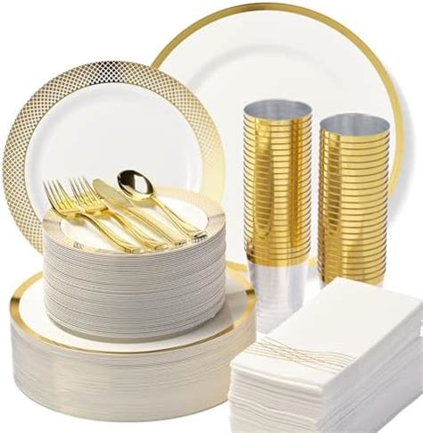 By Madee HEAVYWEIGHT Elegant Disposable Dinnerware Set Gold Fancy