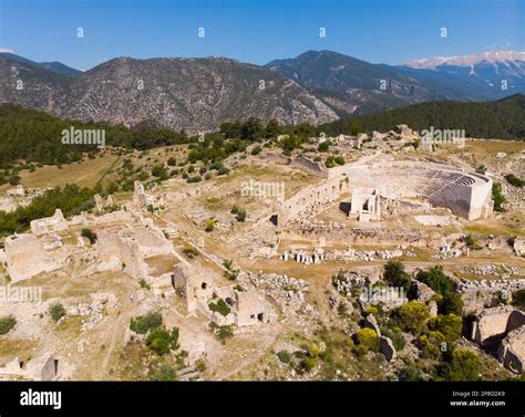 Drone View Of Ruins Of Roman Amphitheater At Rhodiapolis Kumluca