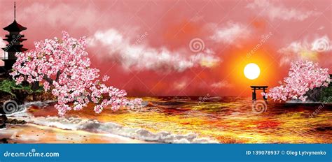 Landscape With Blossoming Sakura Japan Sea Sunset Stock Illustration