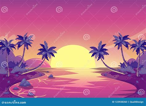 Por Do Sol Tropical Do Verão Ilustração Da Paisagem Da Ilha Dos