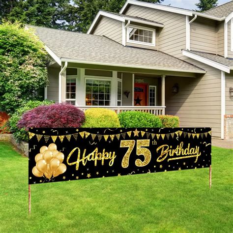 Happy 75th Birthday Banner Decorations For Men Women Black