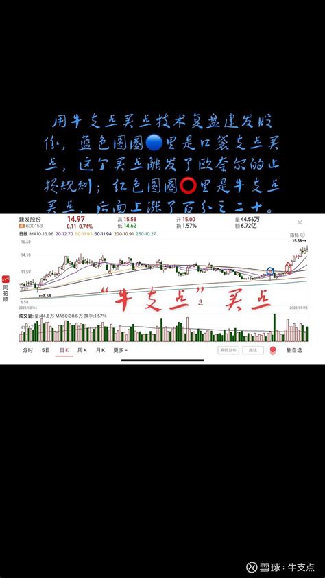 用牛支点买点技术复盘建发股份 图中蓝色圆圈🔵里是口袋支点买点，这个买点触发了欧奈尔的亏损8 的无条件止损规则。红色圆圈⭕️里是牛支点买点，买这个牛支 雪球