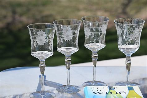 6 Vintage Etched Wine Glasses Set Of 6 Mis Matched Etched Wine Glasses