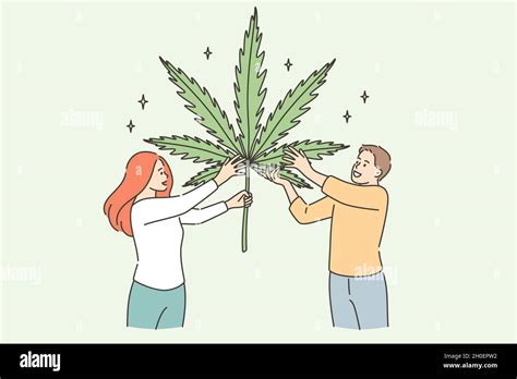 Growing marijuana herbal medicine concept. Two young smiling people ...