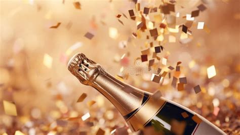 A Bottle Of Champagne With Confetti In The Background Stock Photo