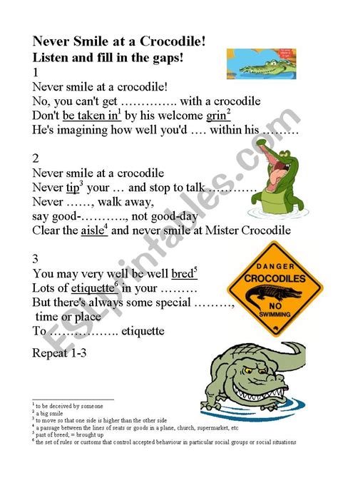 Never Smile At A Crocodile Esl Worksheet By Mightymartin