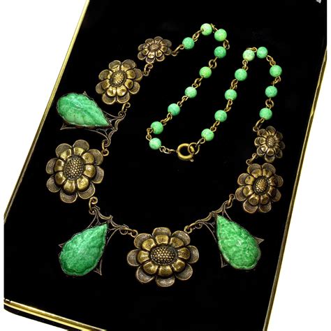 Vintage 20s Art Deco Max Neiger Czech Jade Pressed Glass Brass Necklace Czech Jewelry Art