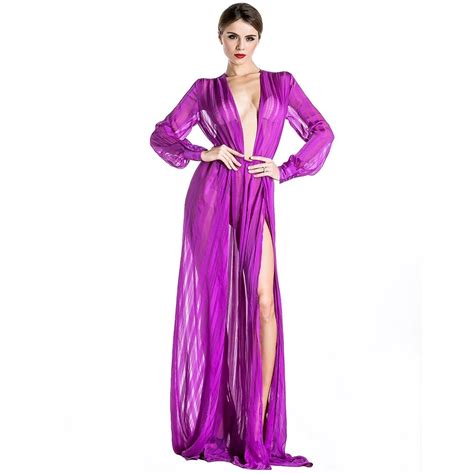 Unique Party Dress Purple Sexy Plunge V Neck Long Sleeves See Thru