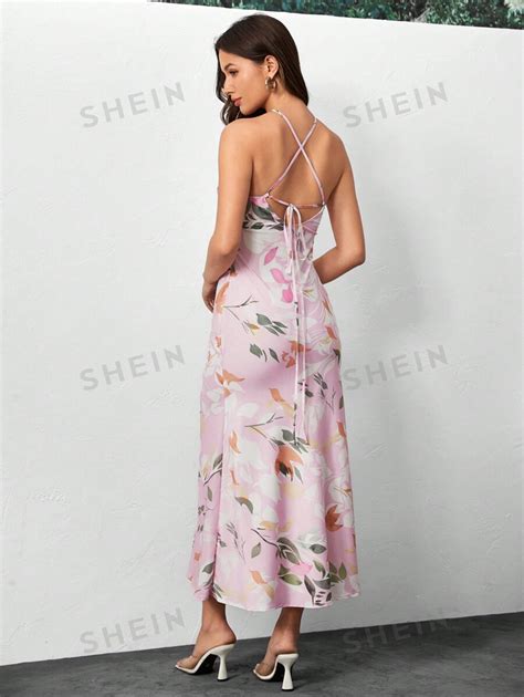 Shein Aloruh Vestido Maxi Sin Respaldo Con Flores Estampadas Y Cintas