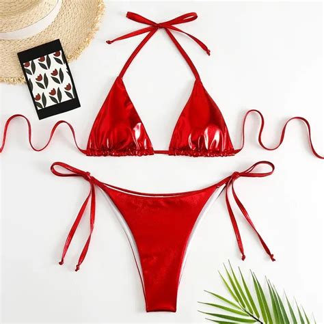 Shiny Purple Halter Tie Bikini Swimsuit Set On Luulla