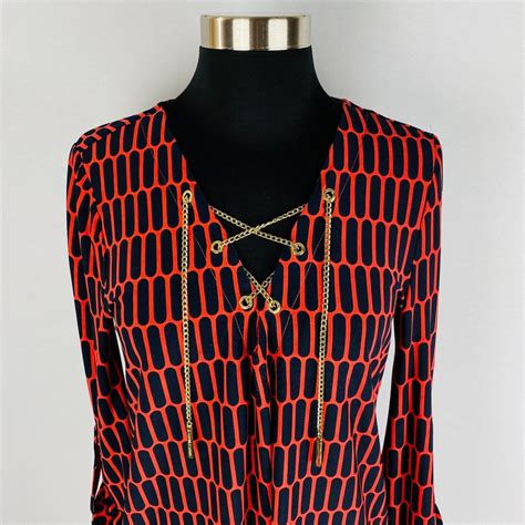 Michael Michael Kors Red Black Allover Geometric Print Gold Metal Lace