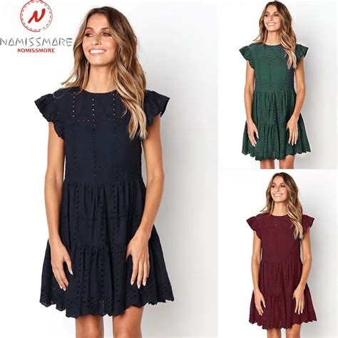 Fashion Women Summer Solid Color A Line Dress Hollow Out Design Ruffles