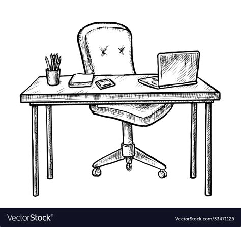 Hand Drawn Empty Workplace With Office Desk Chair Vector Image