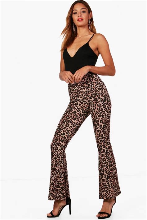 Womens Crepe Leopard Print Flare Trouser Boohoo Uk