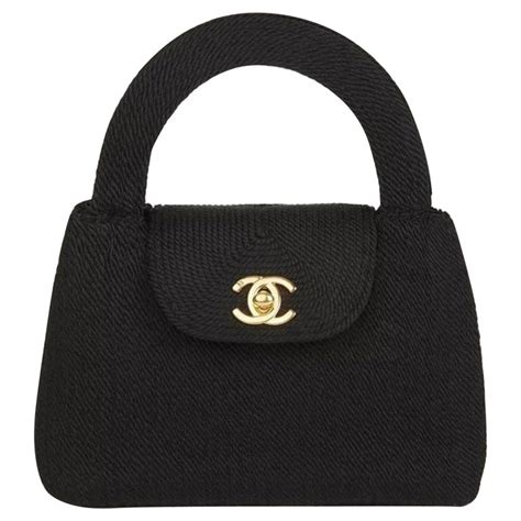 Chanel Classic Silk Woven Top Handle Mini Kelly Flap Black Rope Clutch