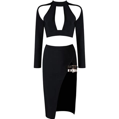 Honey Couture Black Cut Out Crop Top And Split Buckle Bandage Skirt Set