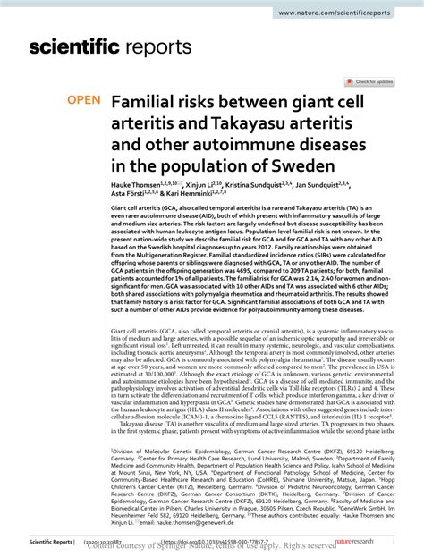 Pdf Familial Risks Between Giant Cell Arteritis And Takayasu Arteritis And Other Autoimmune