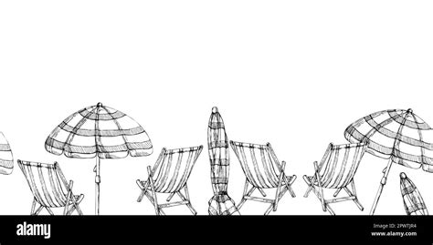 Hand Drawn Vector Ink Striped Beach Chair And Umbrella Seamless