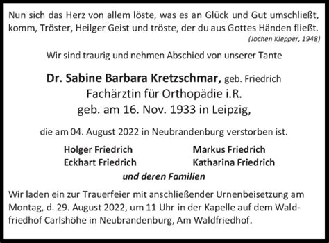 Traueranzeigen Von Sabine Barbara Kretzschmar Trauer Nordkurier