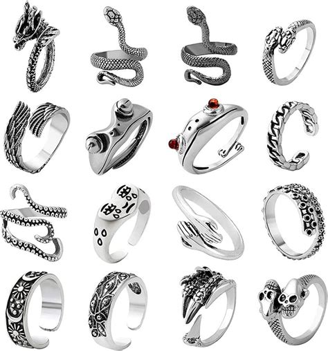 AIDSOTOU Mens Vintage Open Rings Set Frog Snake Skull Cool Punk Goth