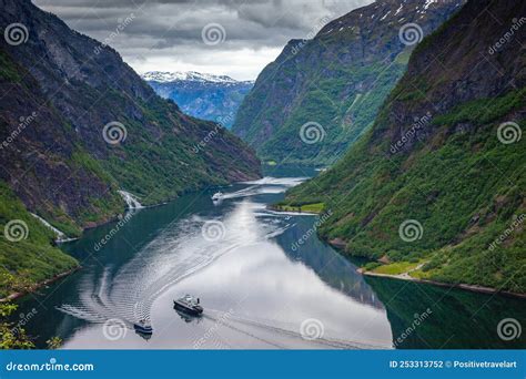 Naeroyfjord From Above With Ferry Boat In Western Norway Scandinavia