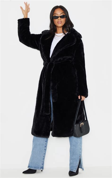 Petite Black Belted Faux Fur Coat Petite Prettylittlething