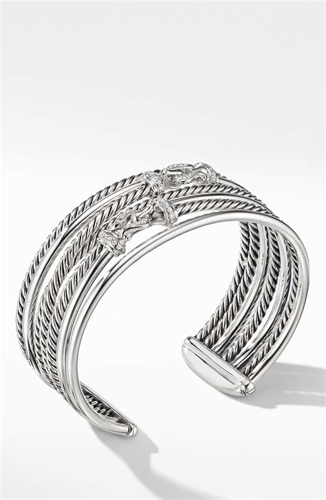 David Yurman Buckle Crossover Cuff Bracelet With Diamonds In Silver