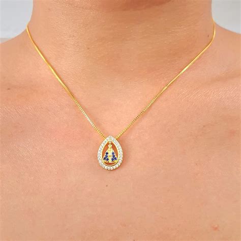 Colar Folheado A Ouro 18K Zircônia Nossa Senhora Aparecida Chérie