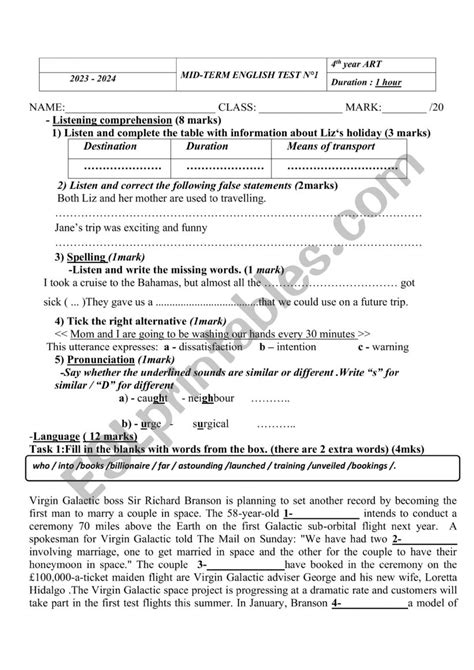 Th Form Mid Term Test N Esl Worksheet By Madamboutheina