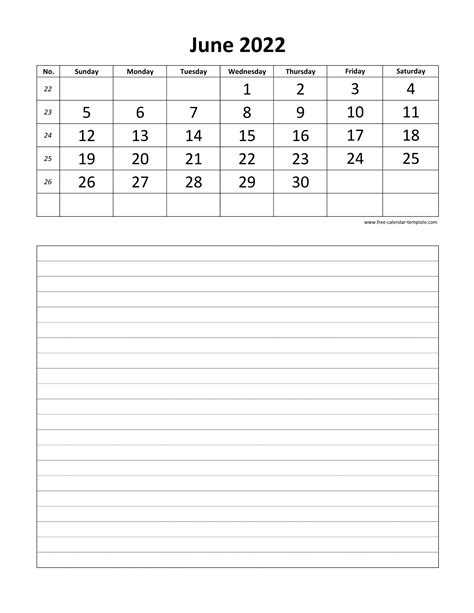 June 2022 Monthly Calendar Printable