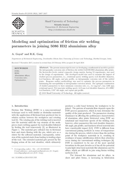 Pdf Modeling And Optimization Of Friction Stir Welding Article