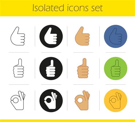 Handgesten Symbole Gesetzt Lineare Schwarze Und Farbige Stile Daumen