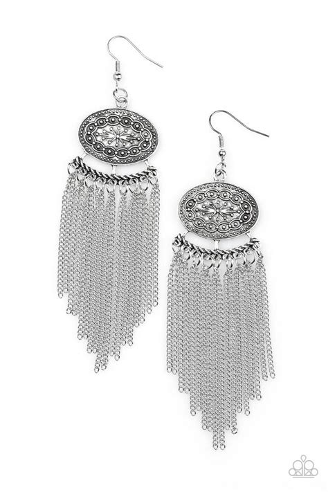 Paparazzi Tantalizing Tassel Silver Oval Frame Tassel Earrings