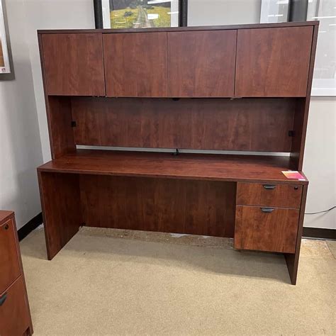 71 X 24 Cherry And Black Credenza Desk With Hutch And Hanging Box