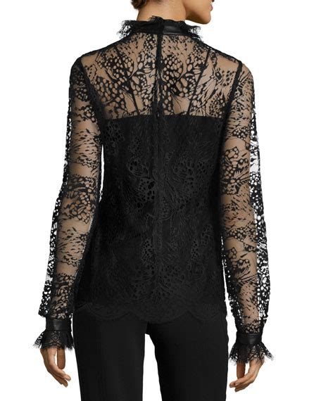 Tamara Mellon Butterfly Lace Turtleneck Blouse Black