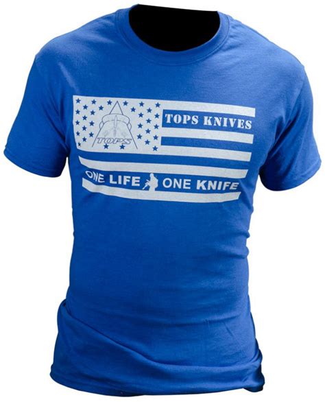 Tops Knives One Life One Knife Flag Logo T Shirt Blue Large