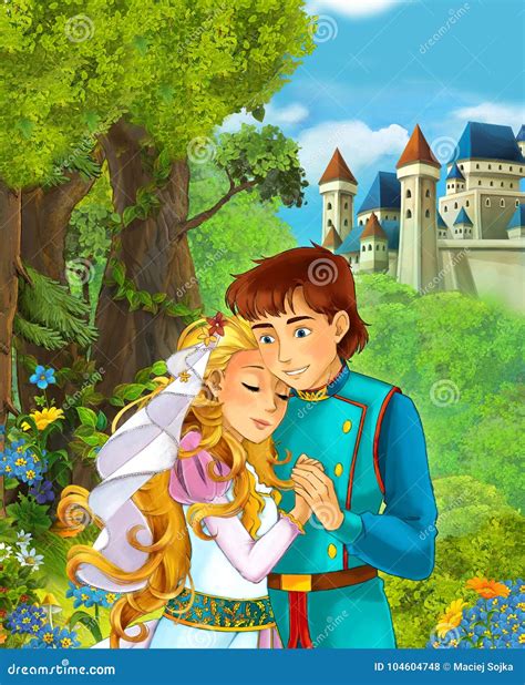 Cartoon Scene Of Beautiful Pair Prince And Princess In The Forest Near Castle In The Background