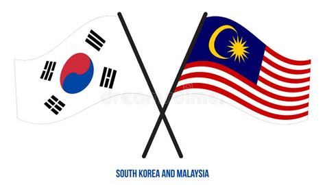 South Korea And Malaysia Flags Crossed And Waving Flat Style Official