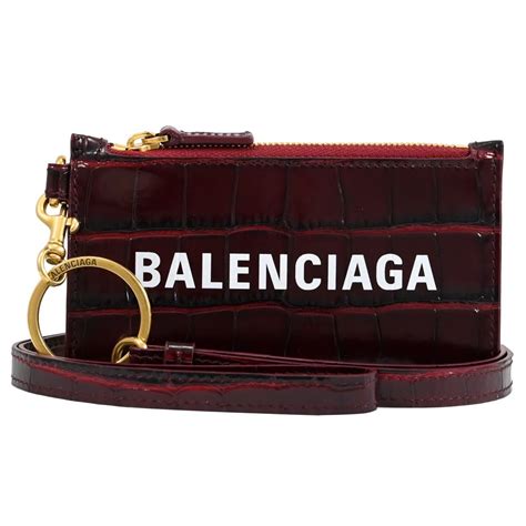 Balenciaga 巴黎世家 鱷魚紋牛皮頸掛式卡片零錢包深紅色 Pchome 24h購物