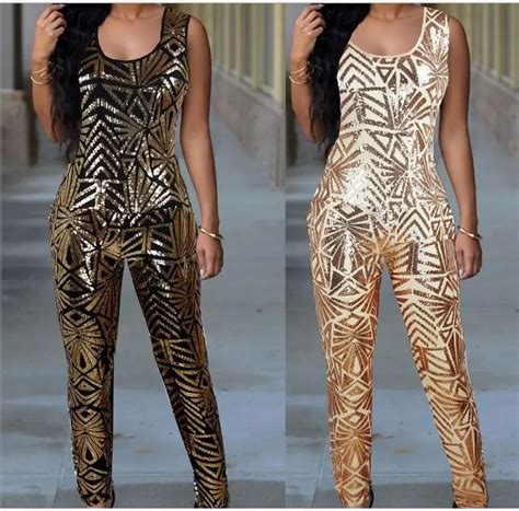 2016 Hot Fashion Women Gold Sequin Jumpsuit Women Sexy Bodysuit