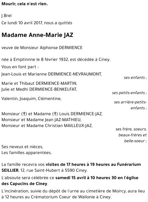 Avis De Décès De Anne Marie Jaz Décédé Le 10042017 à Ciney Annonce