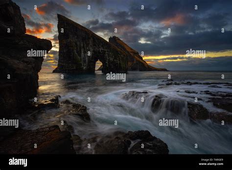 Drangarnir Rocky Arch On Vagar Island In Sunset Faroe Islands Stock