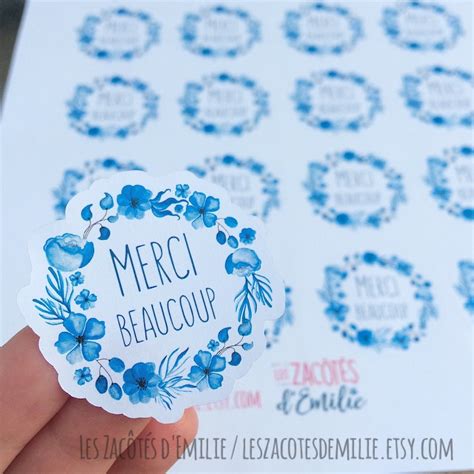 Stickers Merci Beaucoup Paper Stickers With A Blue Etsy