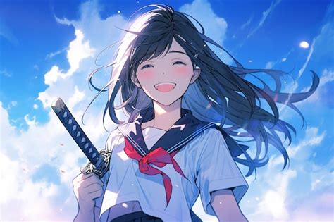 Premium Photo Anime Girl With Long Hair Holding A Sword In Front Of A Cloudy Sky Generative Ai