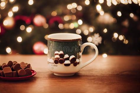 Cup Of Hot Chocolate With Marshmallows On Christmas Tree Background