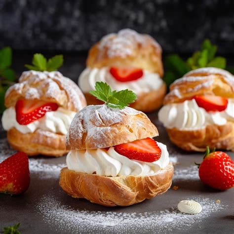 Premium Ai Image French Choux Pastry With White Cream And Strawberries