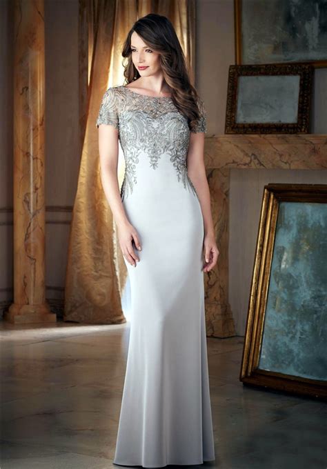 Fitted Bateau Neck Long Silver Satin Embroidery Beaded Evening Dress With Sleeves