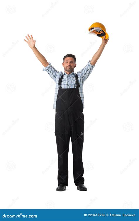 Happy Worker With Hands Raised Stock Photo Image Of Cheerful